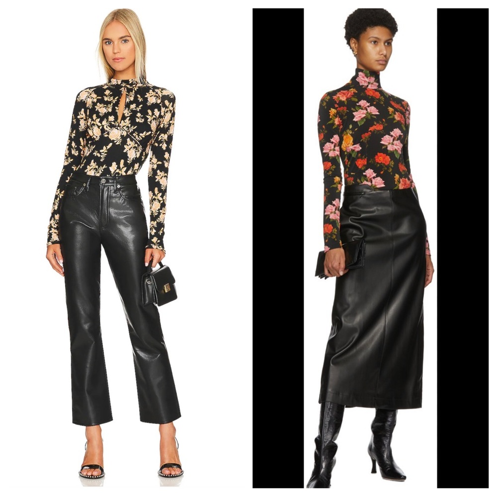 FREDA'S 🇨🇦 CANADIAN MADE Flower Print Black Stretch Mock Neck L/S Top Blouse